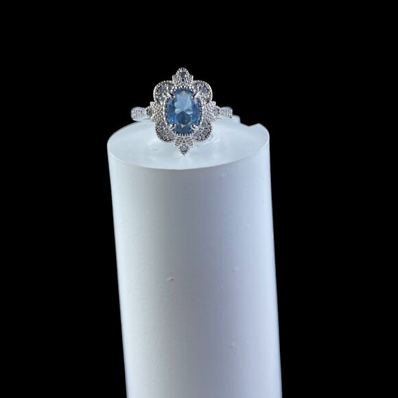 Blue Gemstone Halo Ring Retro Silver Tone Elegant Cocktail Jewelry Romantic Glam - Picture 2 of 5